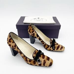 Prada Vintage Leopard Print Calf Hair Block Heel Pumps Bow Buckle Detail IT 37
